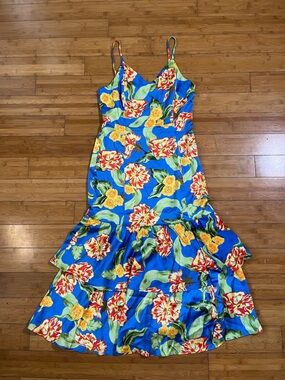 Fanco Vibrant Blue Tropical Summer Floral Maxi Mermaidcore Dress with Side Slit